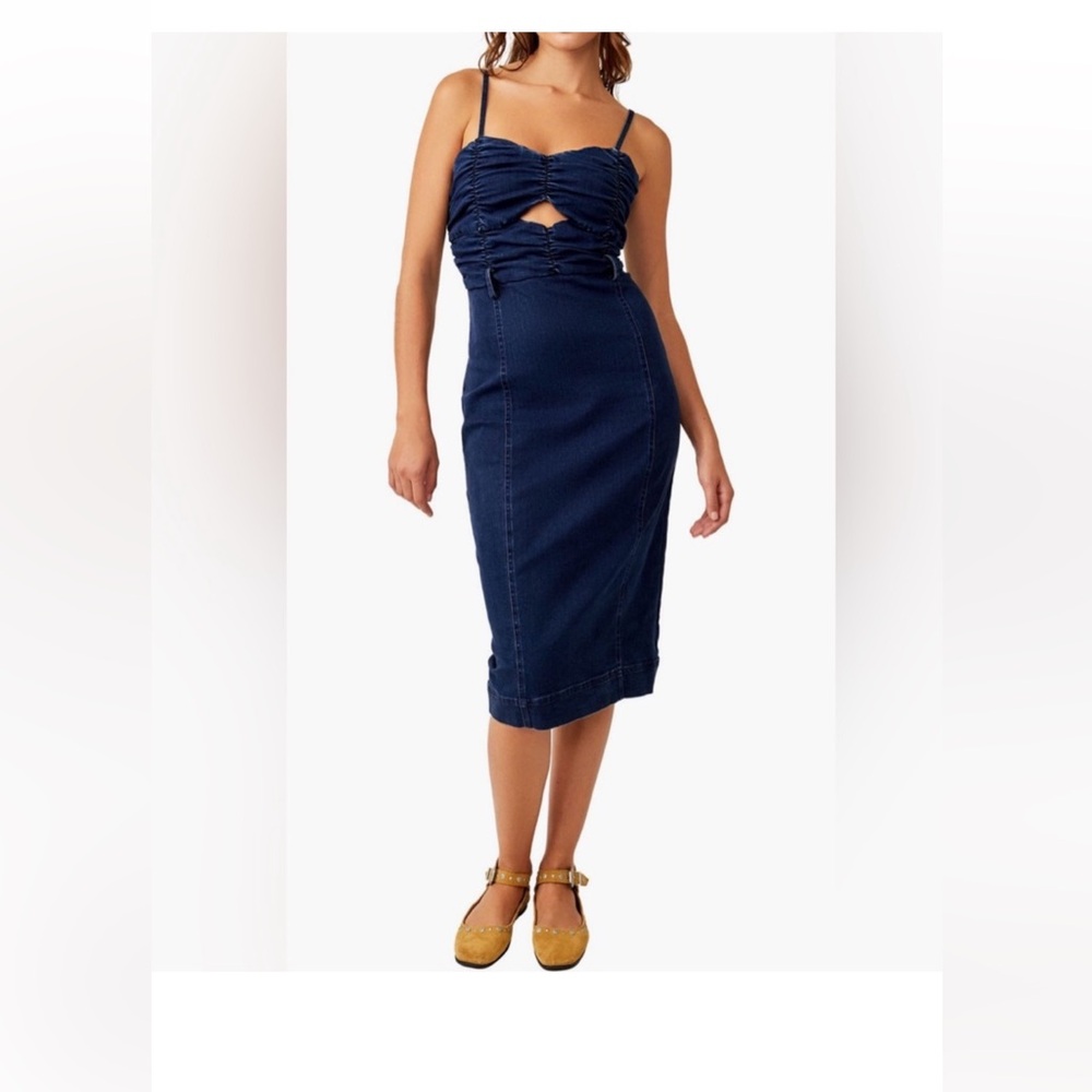 NWT Free People Serenity Ruched Denim Midi Dress M in Midnight